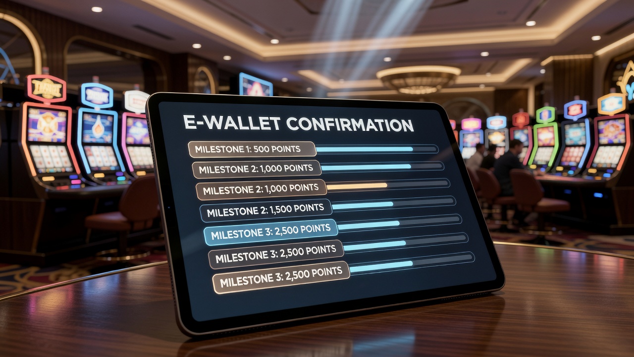 Screenshot of a casino dashboard displaying synchronized e-wallet status and reward milestone progress bars