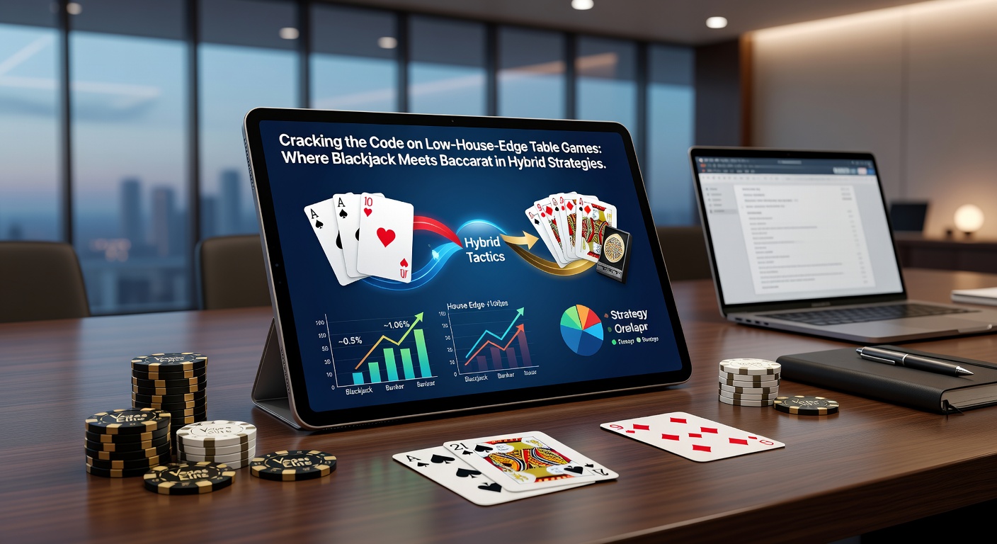 Strategic player at a hybrid table setup, analyzing blackjack hand while baccarat shoe awaits, with chips stacked methodically