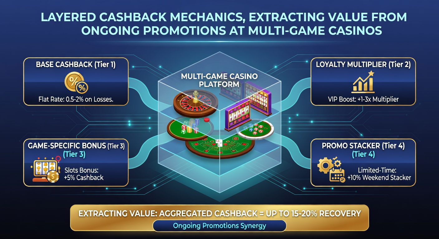 Screenshot of a multi-game casino dashboard displaying active layered cashback promotion, with tiered rebate bars filling up based on tracked losses in slots and live blackjack sessions