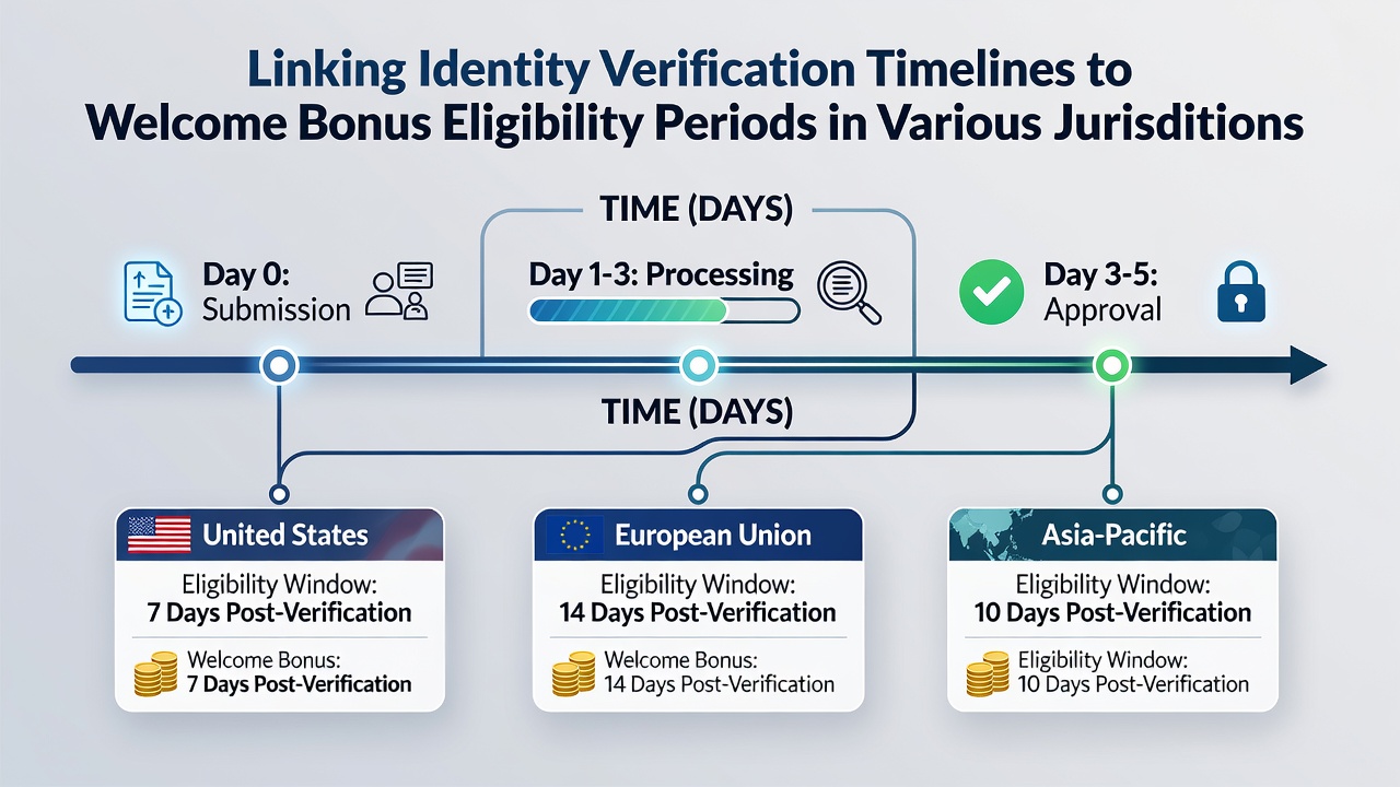 Diagram comparing verification processing times and bonus eligibility windows in US, EU, Canada and Australia